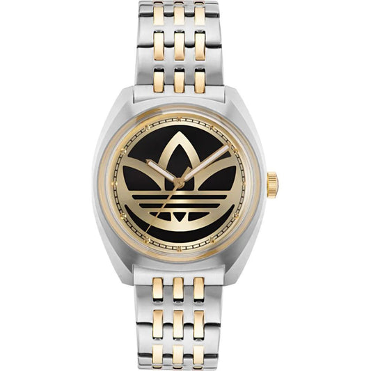 Adidas Gray Stainless Steel Dress Watch with black dial, analog display, and gold accents. Quartz mechanism, mineral glass, 5ATM water resistance.