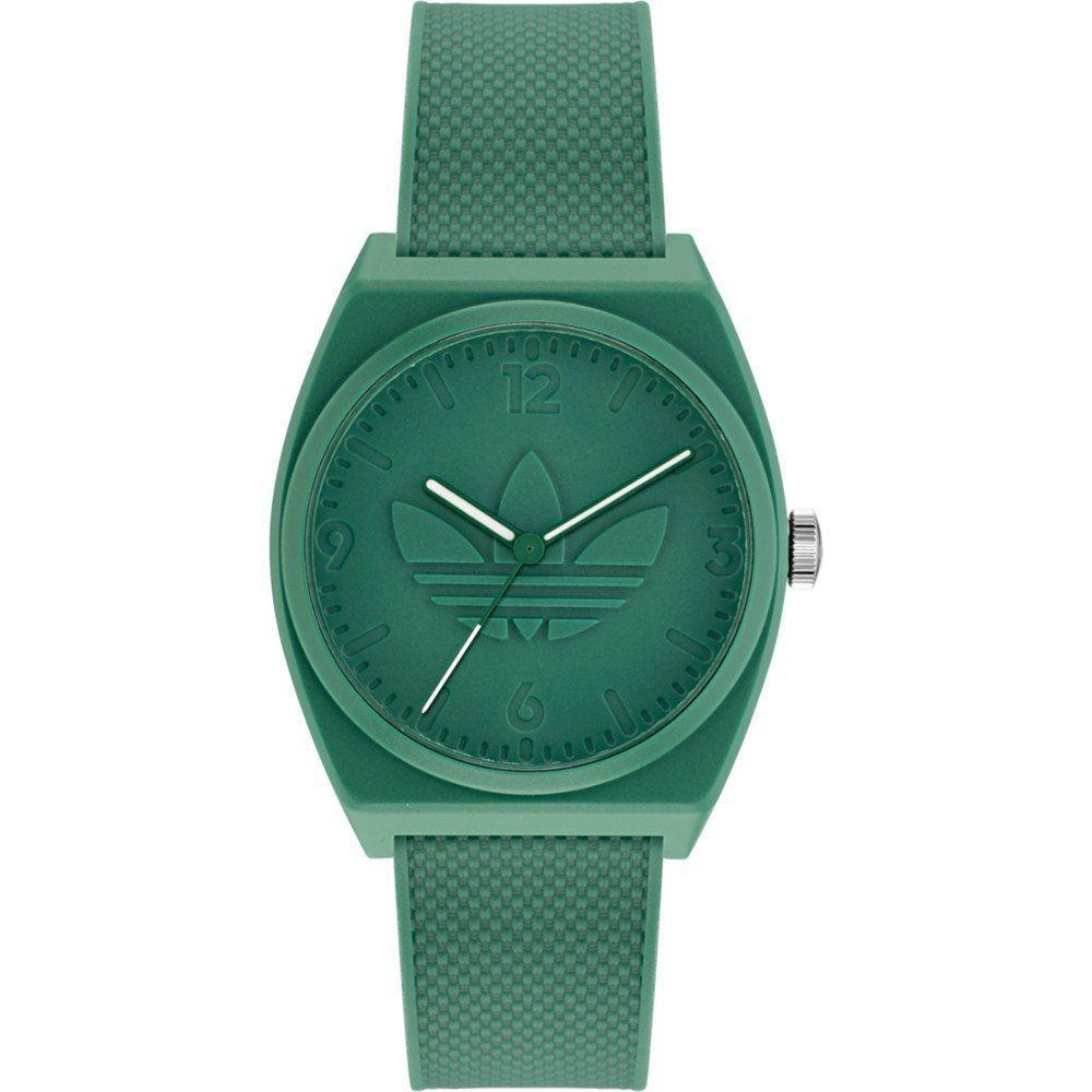 Adidas Green Synthetic Sport Watch with quartz mechanism, analog display, green resin case, and silicone bracelet, 5ATM water resistance.