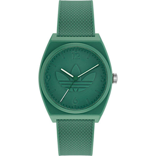 Adidas Green Synthetic Sport Watch with quartz mechanism, analog display, green resin case, and silicone bracelet, 5ATM water resistance.
