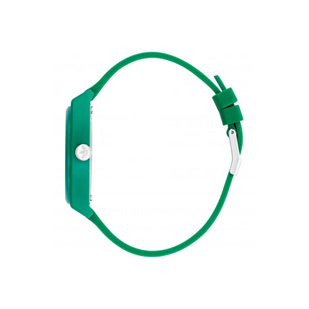 Side view of Adidas Green Synthetic Sport Watch with green resin case and silicone bracelet, featuring analog quartz mechanism and buckle closure.