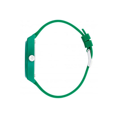 Side view of Adidas Green Synthetic Sport Watch with green resin case and silicone bracelet, featuring analog quartz mechanism and buckle closure.