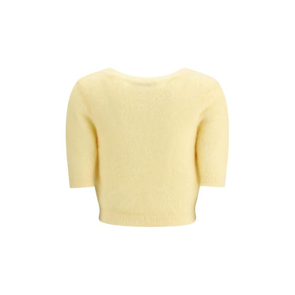 Back view of Alessandra Rich Yellow Mohair Sweatshirt with short sleeves, round neckline, and ribbed hemline for a sophisticated look.