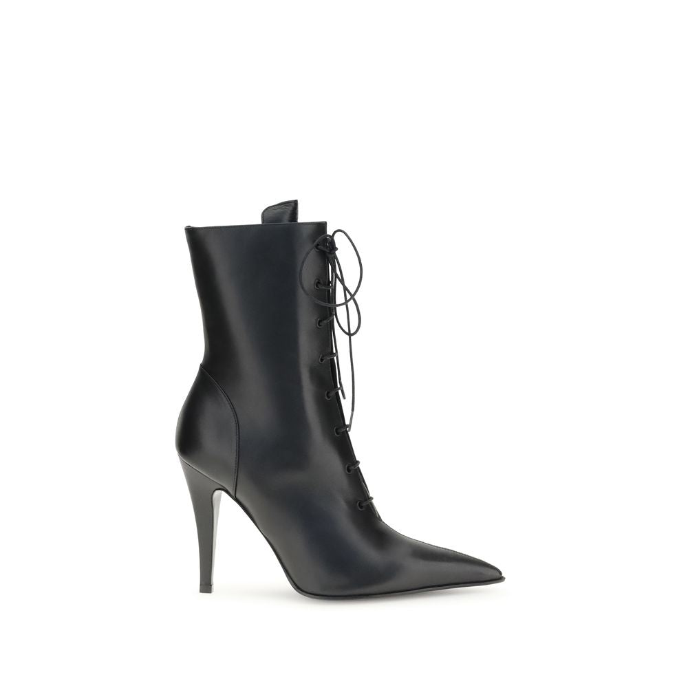 Alexander McQueen Black Calf Leather Bos Taurus Lace-Up Boots with high heels and braided laces for a sophisticated look.