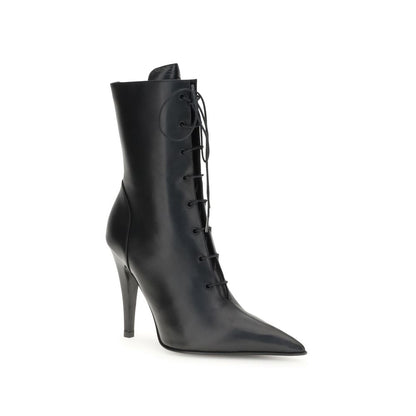Alexander McQueen Black Calf Leather Bos Taurus Lace-Up Boots with high heel and braided laces, side zip for easy wear.