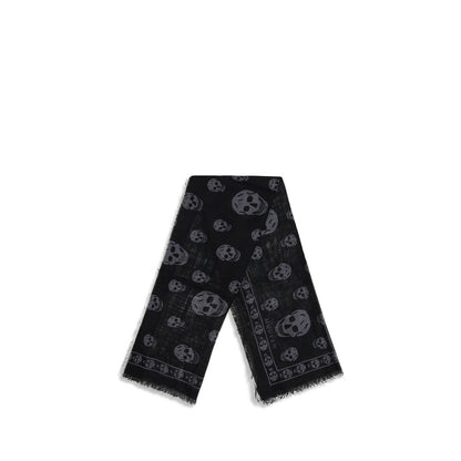 Alexander McQueen Black Modal Scarf with skull motif and fringed edges, 120x120cm, silk and modal blend for AW25.