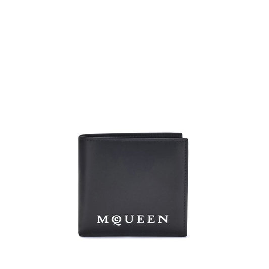 Alexander McQueen Logoed Wallet with contrasting logo, compact bifold design in calf leather, featuring multiple card and bill slots.
