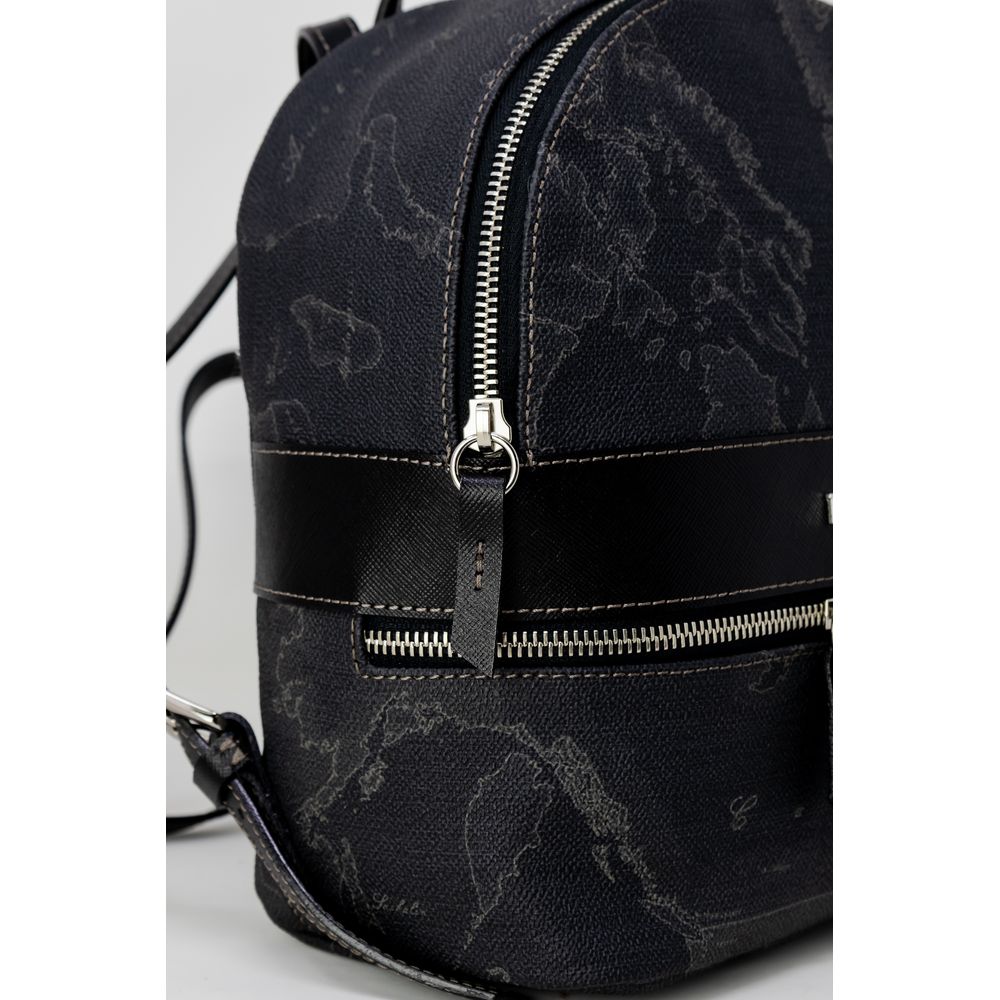 Close-up of Alviero Martini Prima Classe Black Leather Backpack with zip closure and elegant design.