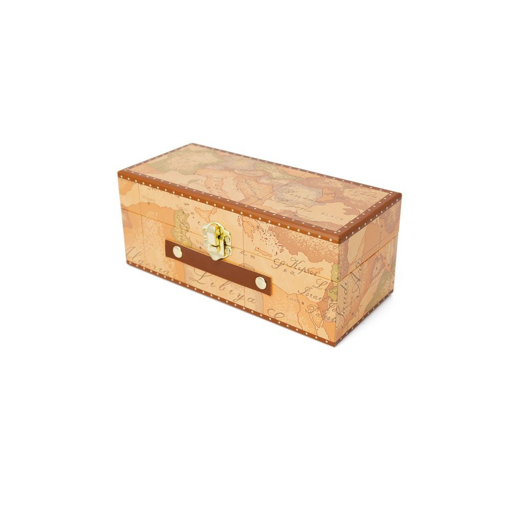 Decorative vintage-style box with world map design and secure latch, perfect for storing keepsakes or gifts.