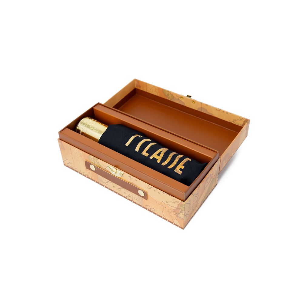 Alviero Martini Prima Classe Black Nylon Umbrella in elegant box with bold 1Classe logo, showcasing high-quality craftsmanship.