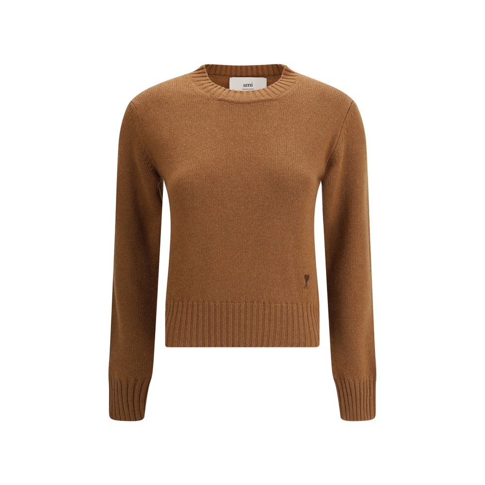 Ami Paris Brown Cashmere Sweatshirt with ribbed crew neck and Ami De Coeur logo, made of 97% Kashmir and 3% wool, front view.