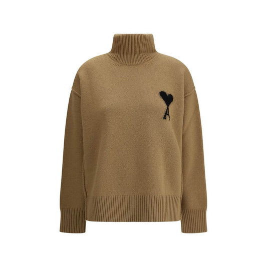 Ami Paris Brown Fleece Wool Turtleneck with ribbed collar, cuffs, and jacquard logo for a refined casual look.