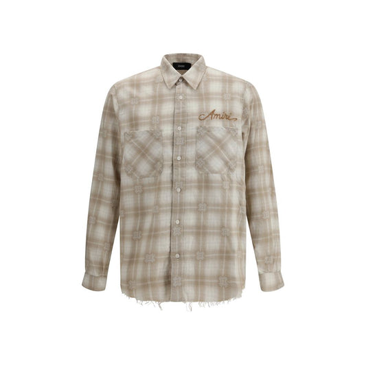 Amiri Beige Cotton Pattern Shirt with plaid flannel, classic collar, button closure, and embroidered logo, featuring raw-cut hem.