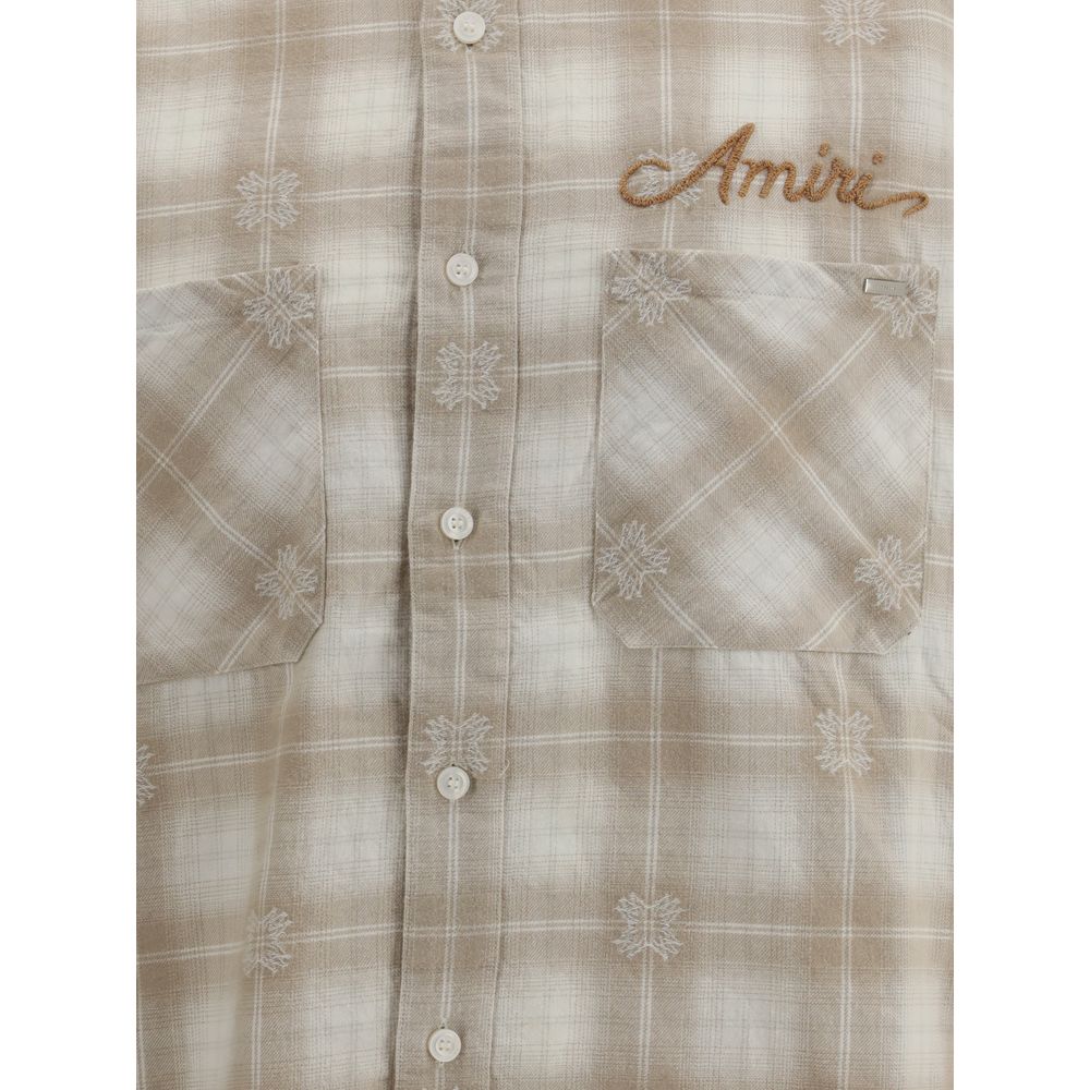 Amiri Beige Cotton Pattern Shirt with embroidered logo and plaid design.