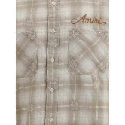 Amiri Beige Cotton Pattern Shirt with embroidered logo and plaid design.