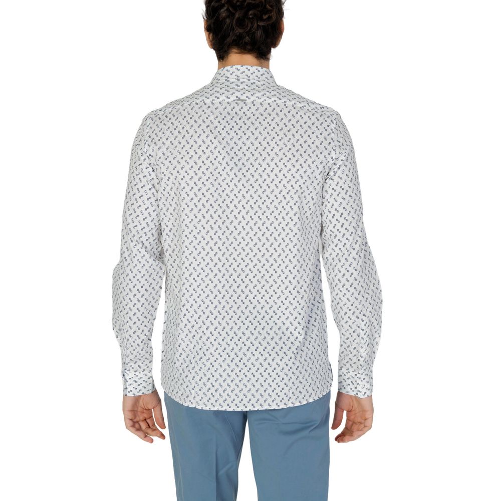 Back view of Antony Morato White Viscose Shirt with geometric print, worn by a model, highlighting long sleeves and comfortable fit.