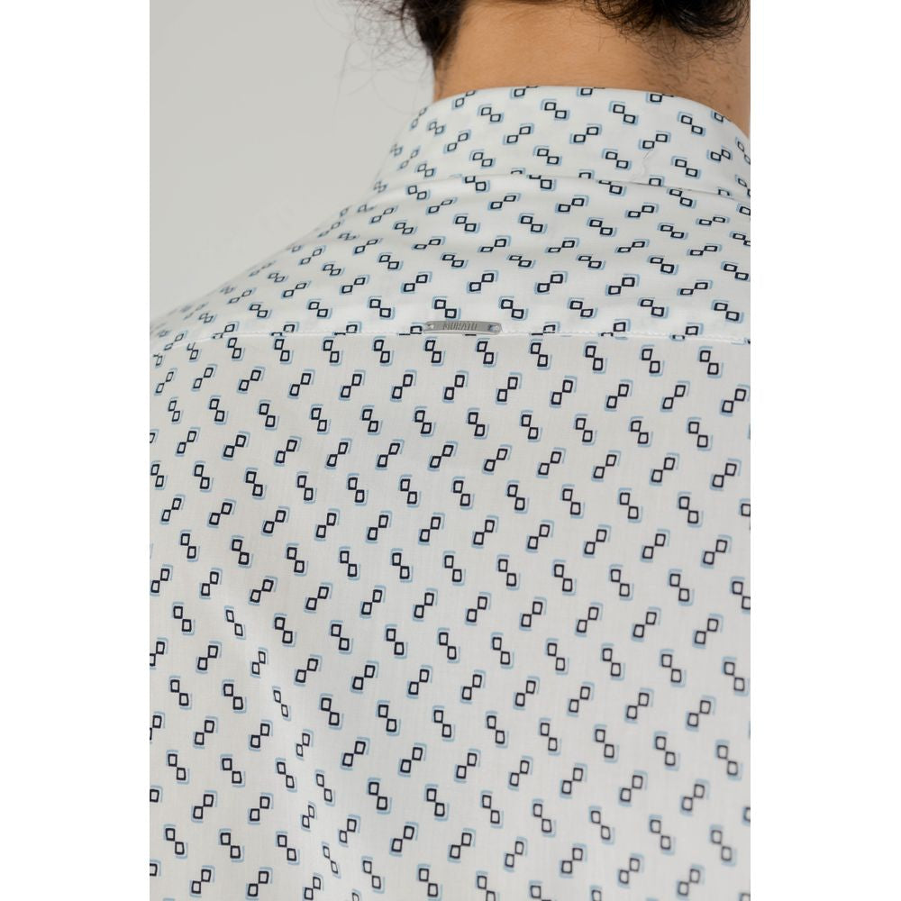 Close-up of Antony Morato White Viscose Shirt with geometric print design and classic collar, showcasing modern sophisticated style.