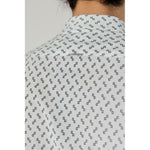 Close-up of Antony Morato White Viscose Shirt with geometric print design and classic collar, showcasing modern sophisticated style.