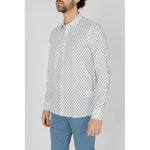 Antony Morato White Viscose Shirt with geometric print, long sleeves, classic collar, worn by a model