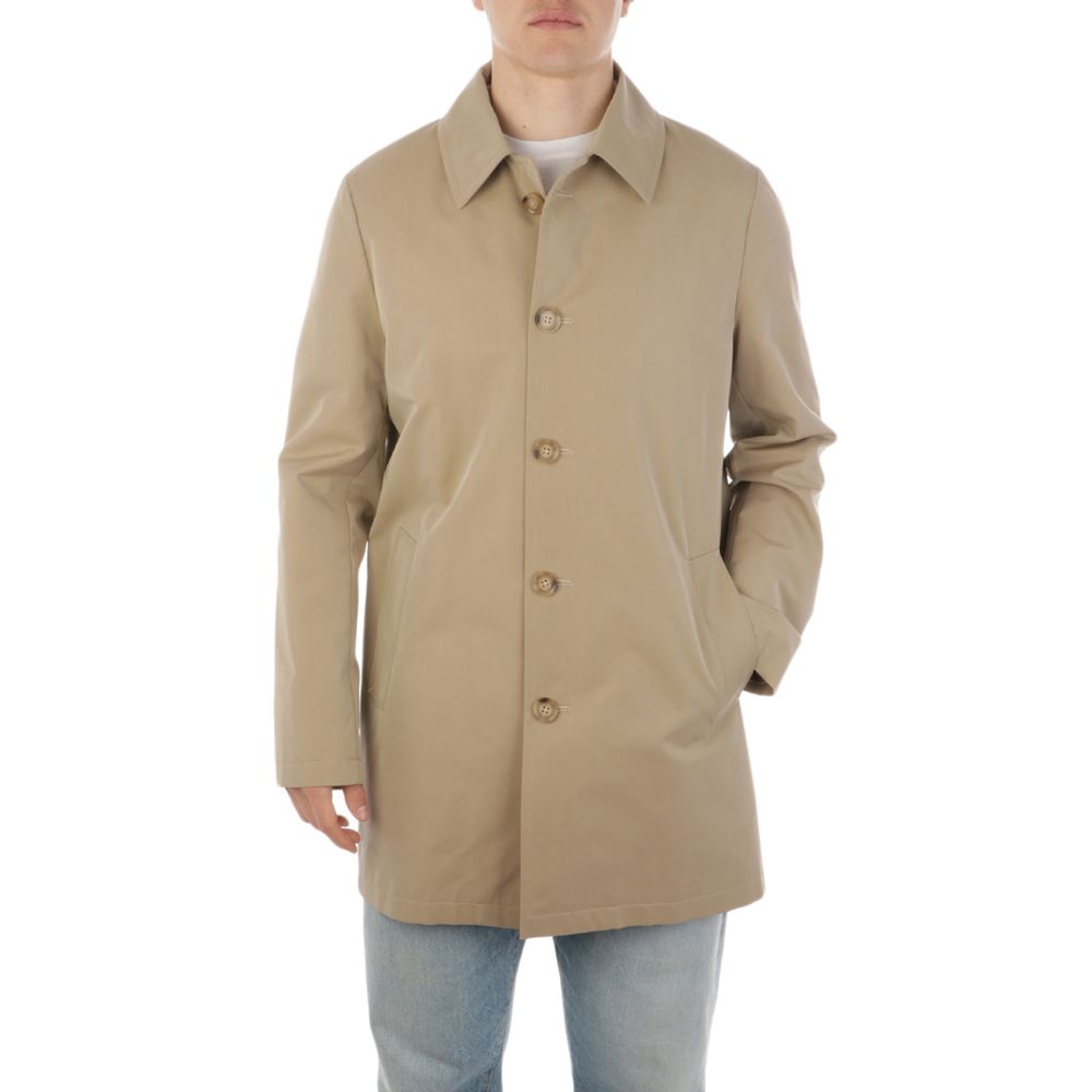 Aquascutum Beige Cotton Jacket with button closure, shirt collar, and checkered lining on a model wearing size 50.
