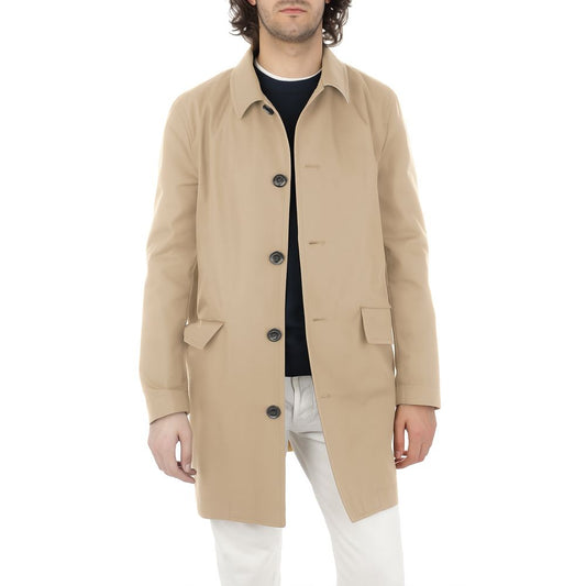 Aquascutum Beige Cotton Men Jacket showcasing a stylish raincoat with button fastening and side flap pockets, embodying Italian craftsmanship.