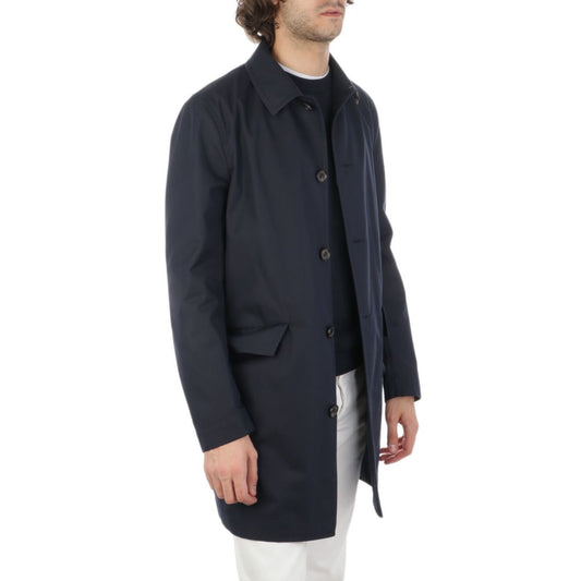 Aquascutum Blue Cotton Jacket with front button fastening and checked undercollar, shown on model 182 cm tall, size 48.