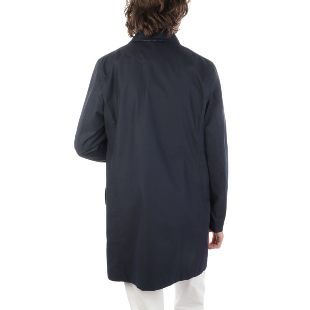 Back view of Aquascutum Blue Cotton Jacket for men, featuring shirt collar and side flap pockets, suitable for rainwear.