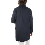 Back view of Aquascutum Blue Cotton Jacket for men, featuring shirt collar and side flap pockets, suitable for rainwear.