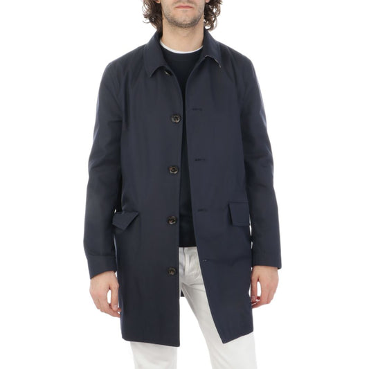 Aquascutum Blue Cotton Jacket with button fastening, side flap pockets, and checked undercollar, worn by model 182 cm tall in size 48.