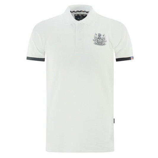 Aquascutum White Cotton Polo Shirt with contrasting logo on front and collar, featuring three buttons.