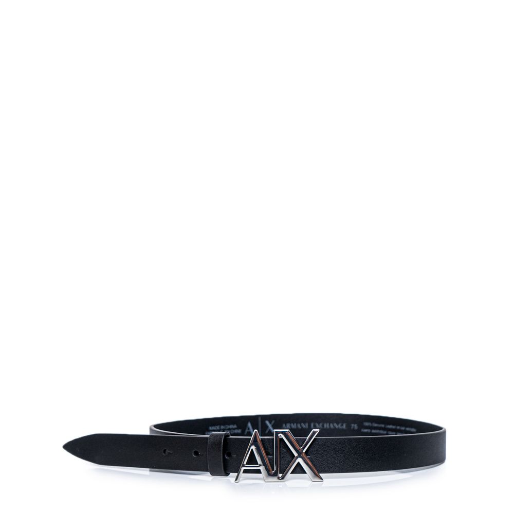 Armani Exchange Black Leather Belt with A|X logo buckle, featuring 100% leather and polyurethane interior for style and comfort.