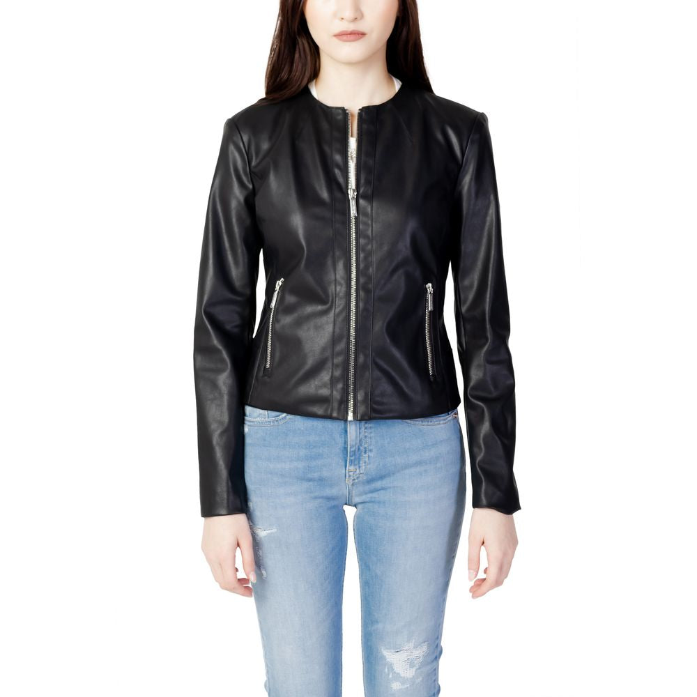 Armani Exchange Black Leather Jacket with sleek design and zippered pockets, enhancing feminine silhouette with a modern leather-effect texture.