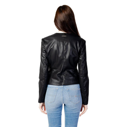 Back view of Armani Exchange Black Leather Jacket on woman with long hair, showcasing fitted design and leather-effect texture.