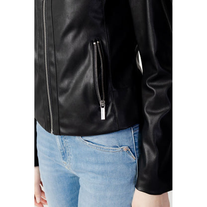 Close-up of Armani Exchange Black Leather Jacket with zippered side pocket, showing modern design and smooth texture.