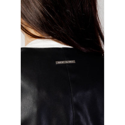 Back view of Armani Exchange Black Leather Jacket, showcasing leather-effect texture and branded metal detail on collar.