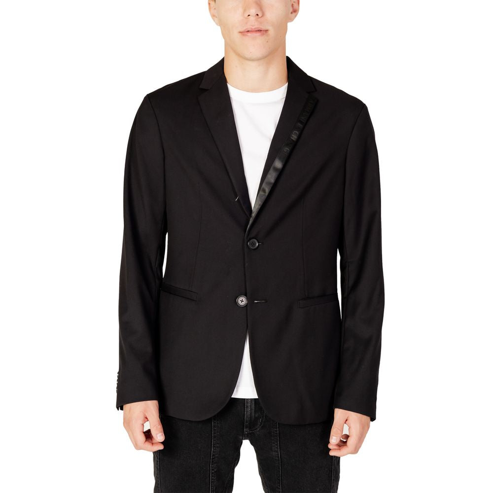 Man wearing Armani Exchange Black Polyester Blazer, model 6RZG44 ZNXZZ, showcasing modern style and durability.