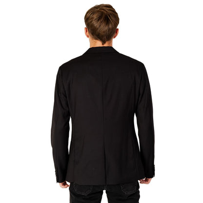 Back view of Armani Exchange Black Polyester Blazer worn by a man, showcasing its modern design and perfect fit.