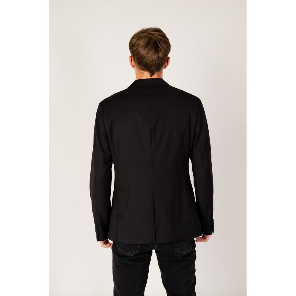 Back view of Armani Exchange Black Polyester Blazer worn by a male model, showcasing sleek design and fit.