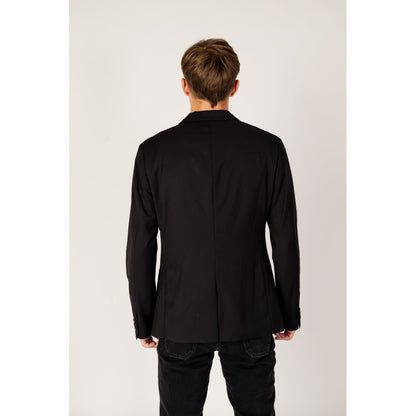 Back view of Armani Exchange Black Polyester Blazer worn by a male model, showcasing sleek design and fit.