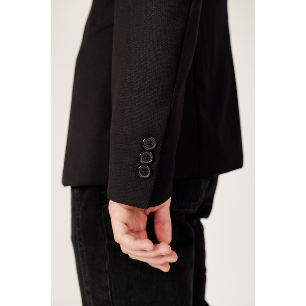 Side view of Armani Exchange Black Polyester Blazer sleeve with button detail.