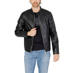 Man wearing Armani Exchange Black Polyester Jackets & Coat, modern urban style with front zip closure and stand-up collar.