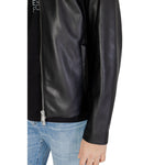 Close-up of Armani Exchange Black Polyester Jackets & Coat with front zip and soft polyurethane coating, highlighting sleek urban style.