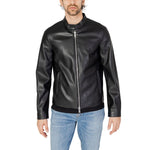 Man wearing Armani Exchange Black Polyester Jackets & Coat with zip closure and stand-up collar, showcasing urban style.