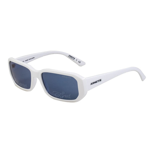 Arnette White Resin Sunglasses with blue lenses, featuring dimensions 55/18/140 mm and a stylish white frame.