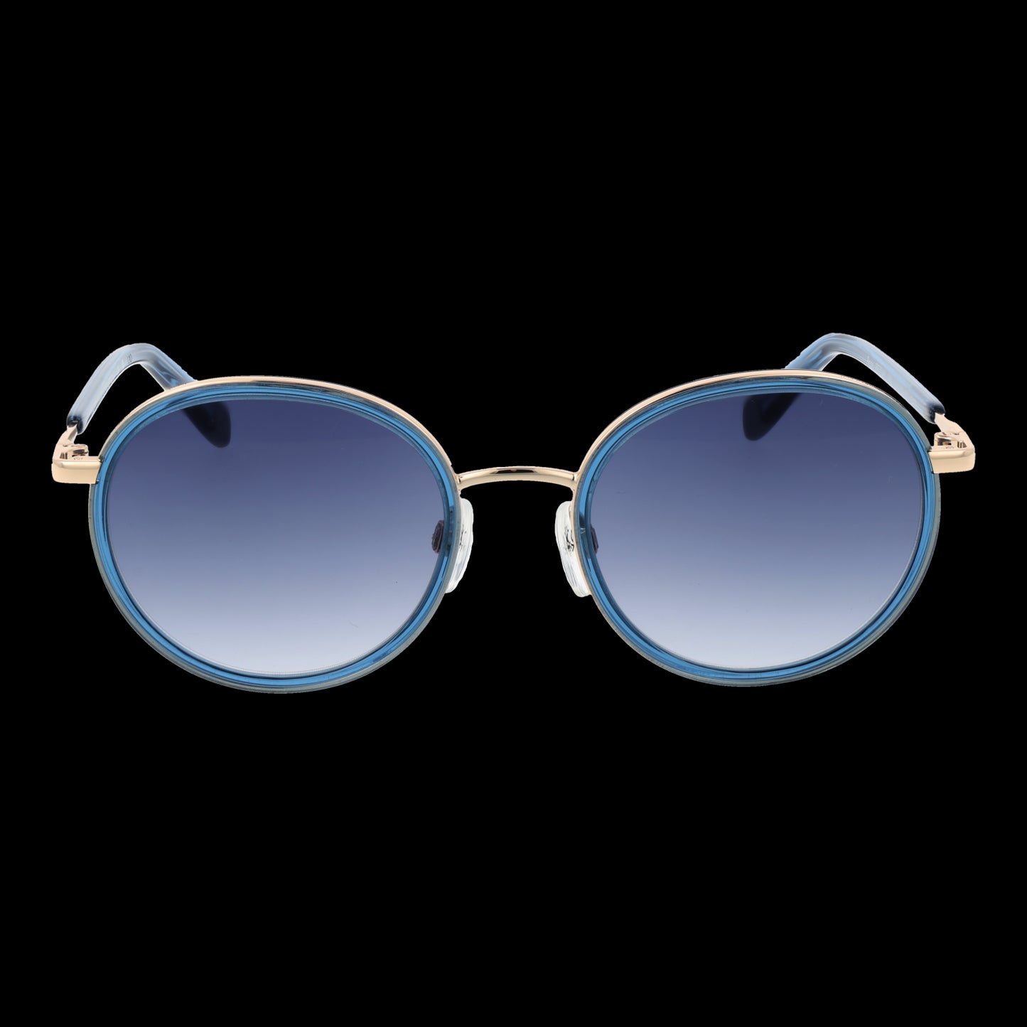 Front view of BENETTON MOD. BE7048 52285 lady's sunglasses with blue gradient lenses and gold frame for stylish women.