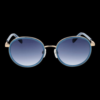 Front view of BENETTON MOD. BE7048 52285 lady's sunglasses with blue gradient lenses and gold frame for stylish women.
