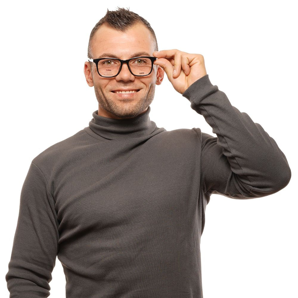 Man wearing BMW Black Men Optical Frames with black square full-rim plastic frame, showcasing demo glasses, in a stylish pose.