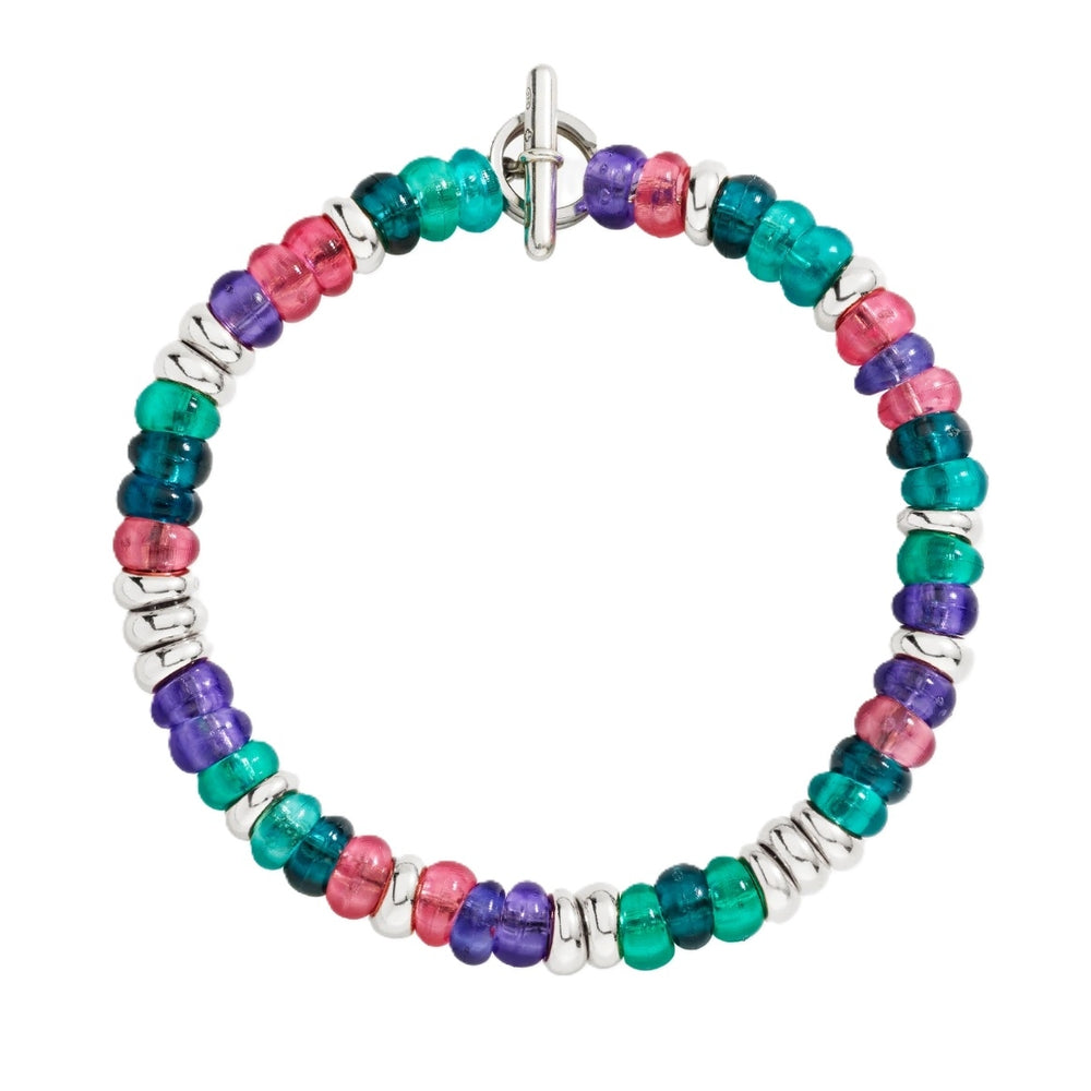 Colorful beaded bracelet BRACCIALI DODO MOD. DBC5004RONDEVI0AGL with toggle clasp. Featuring vibrant beads in pink, green, purple, and blue.