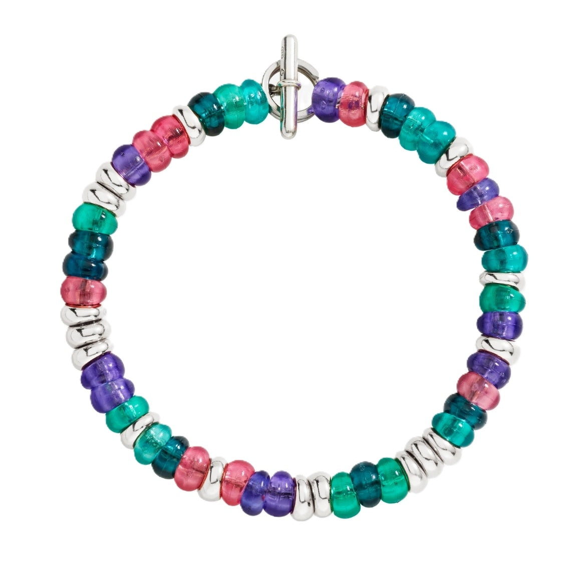 Colorful beaded bracelet BRACCIALI DODO MOD. DBC5004RONDEVI0AGL with toggle clasp. Featuring vibrant beads in pink, green, purple, and blue.