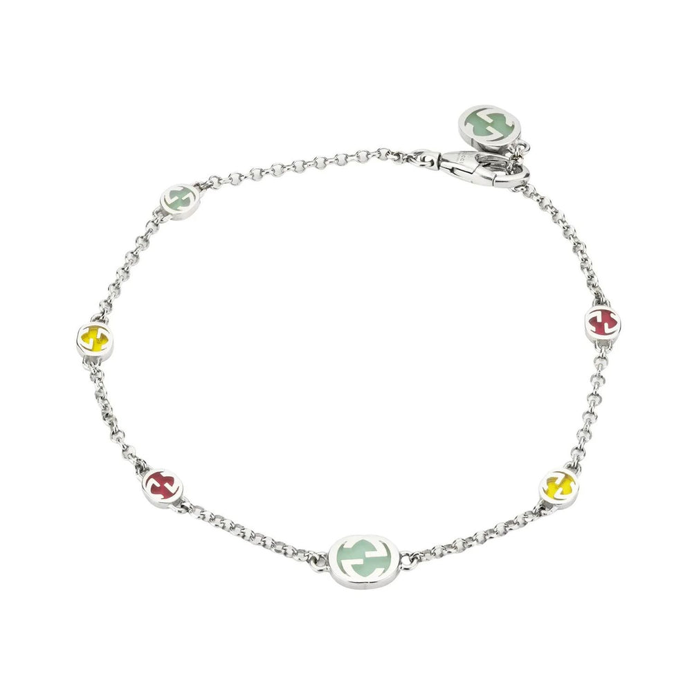 BRACCIALI GUCCI MOD. YBA728951001 silver bracelet with multicolor emblems on thin chain.