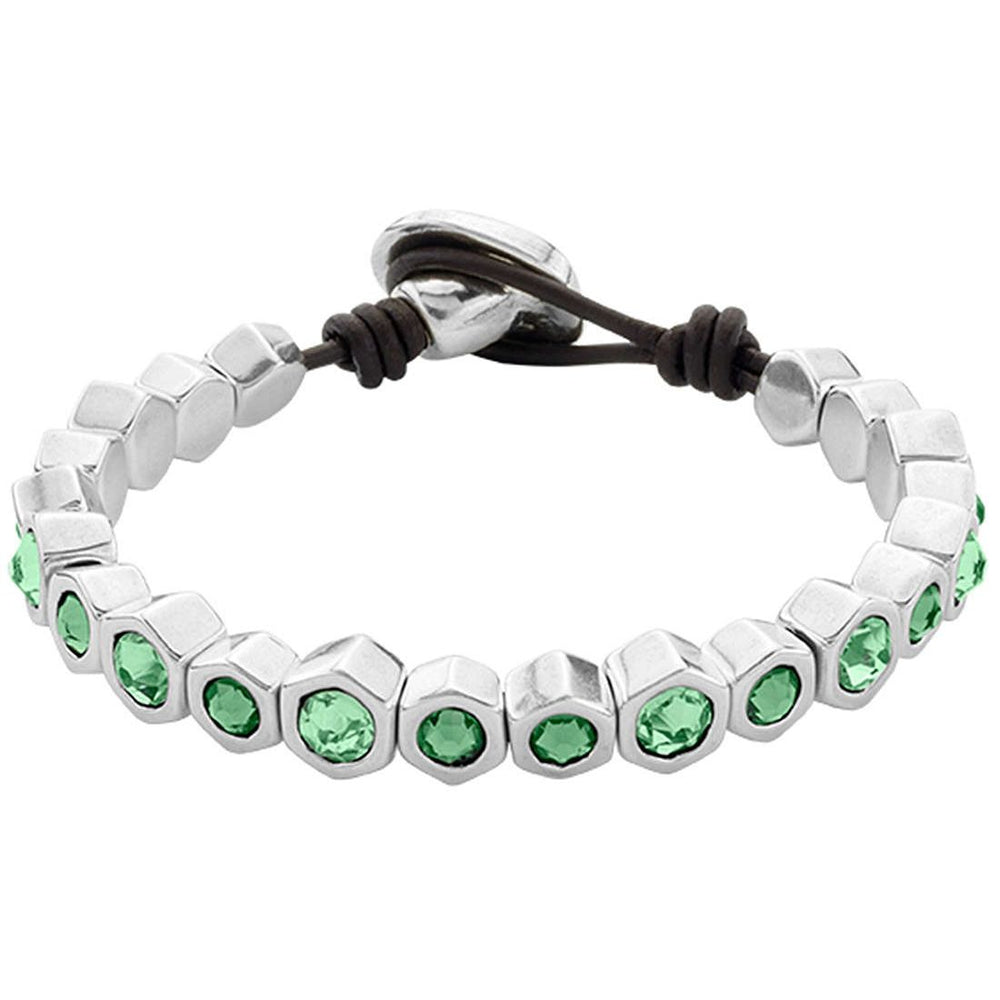 BRACCIALI UNO DE 50 MOD. UD_PUL1869VRDMTL0M silver bracelet with hexagonal design and green gemstones